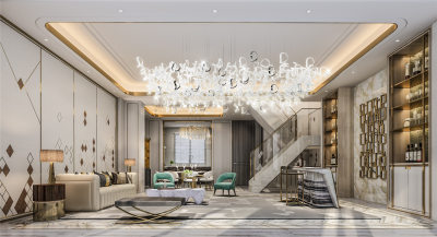 简欧轻奢别墅客餐厅 吊灯台灯 墙饰酒柜 沙发茶几 餐桌椅吧台椅